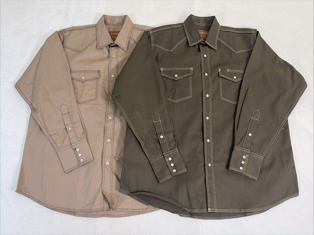 2) Forge Workwear Mens Large Heavy Duty Cotton Western Pearl Snap LongSleeve